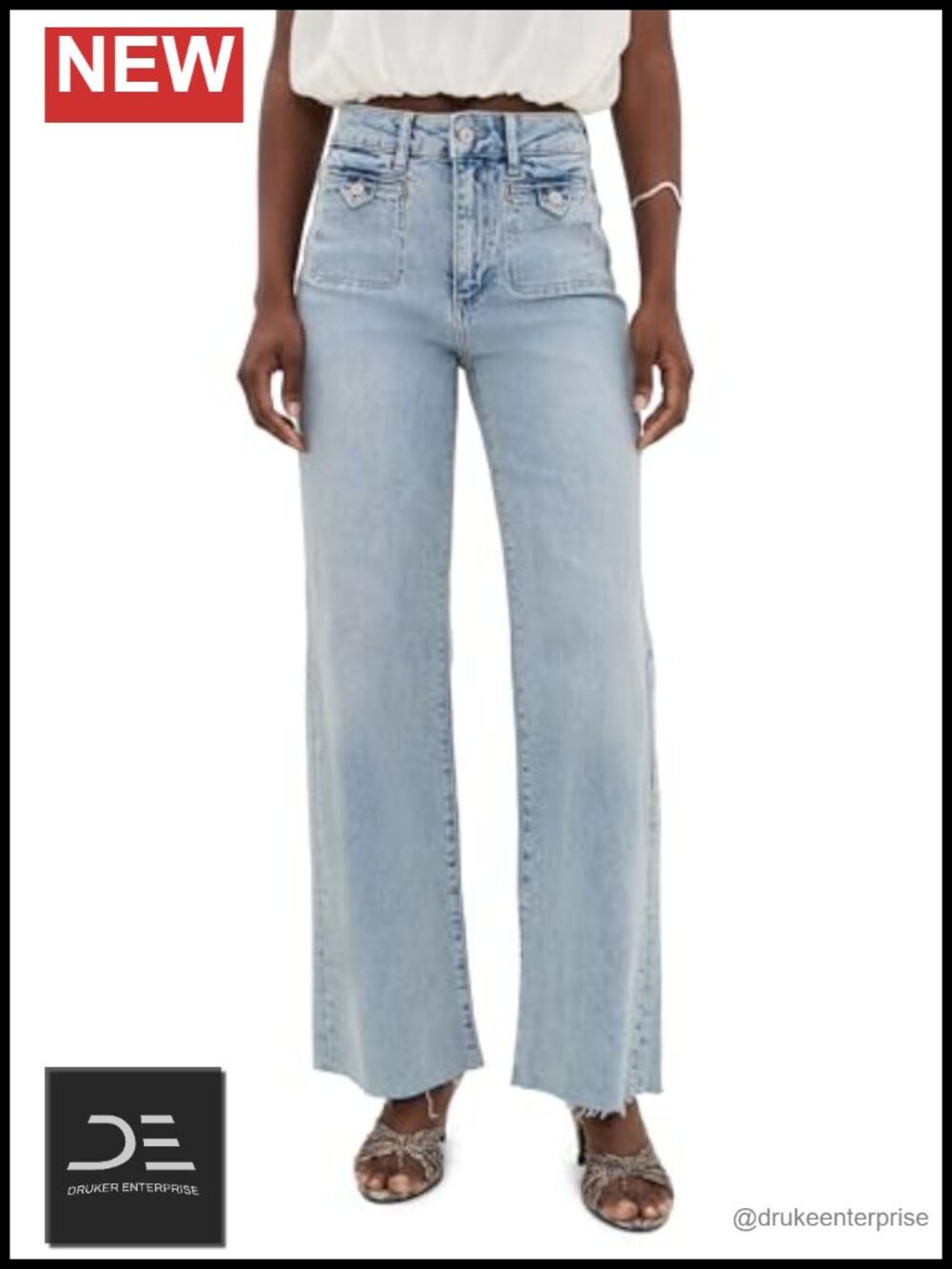 High-Rise Wide Leg Jeans Women 31in Raw Hem Welt Stitch Pockets Cotton Elastane